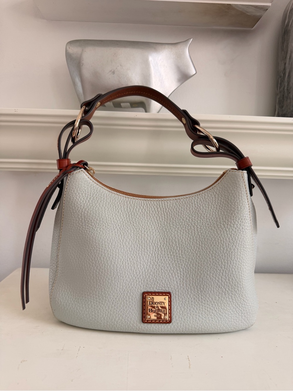 Dooney & Bourke Pebble Leather Shoulder Bag in Light Blue with Brown Trim